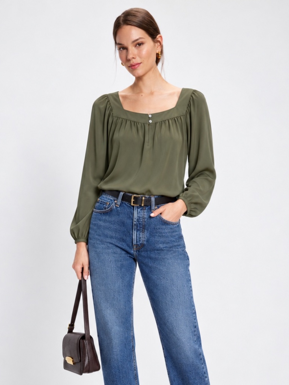 LOFT Olive Green Square Neck Long Sleeve Peasant Blouse Top Size S